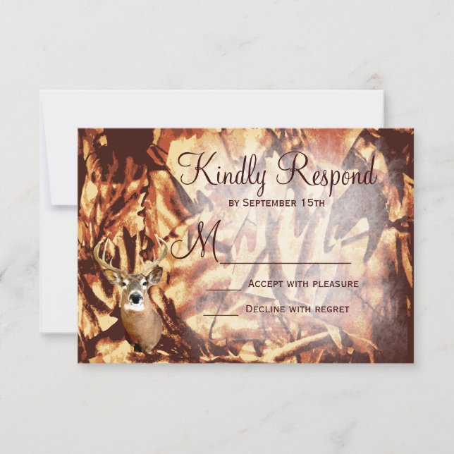 Rustic Camo Hunting Deer Antlers Wedding RSVP (Front)