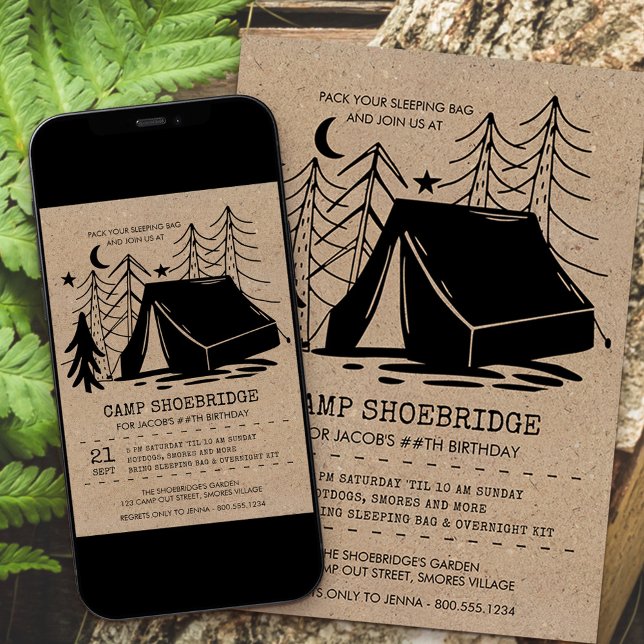 Rustic Camp Out Doodle Art Camping Birthday Invitation (Creator Uploaded)