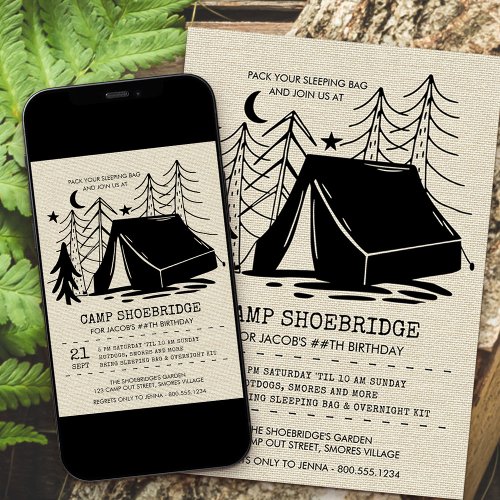 Rustic Camp Out Silhouette Camping Birthday Invitation