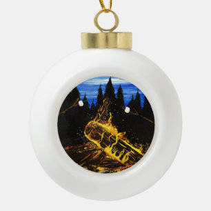 Rustic Campfire Sunset Scene for Cozy Camping Ceramic Ball Christmas Ornament