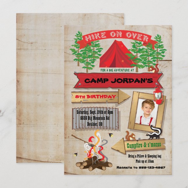 Rustic Camping Birthday Party Photo Invitation (Front/Back)