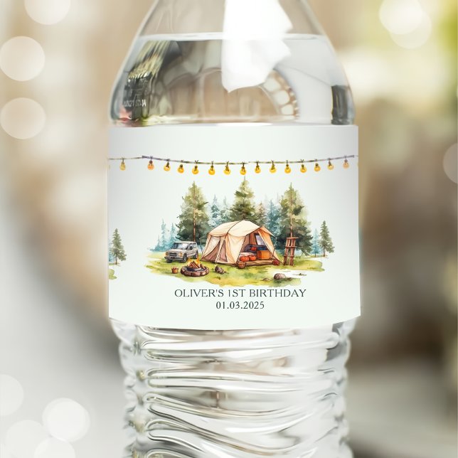 Rustic Camping Birthday Party  Water Bottle Label (Creator Uploaded)