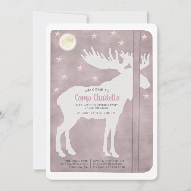 Rustic Camping Birthday White Moose Dusty Pink Invitation (Front)