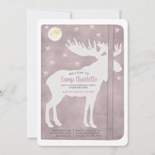 Rustic Camping Birthday White Moose Dusty Pink Invitation