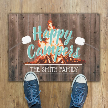 Rustic Camping Bonfire Happy Campers Family Name Doormat by myinvitation at Zazzle