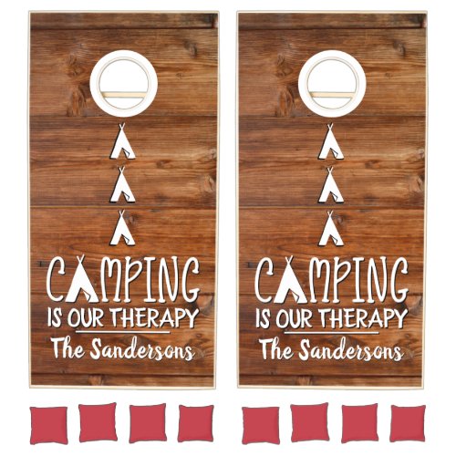 Rustic Camping Family Name Saying Wood Country Cornhole Set