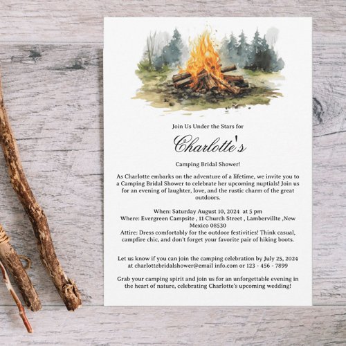 Rustic Camping Glamping Camp Fire Bridal Shower Invitation