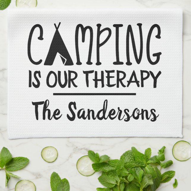 Rustic Camping is Our Therapy Tent Family Name Kitchen Towel (Folded)