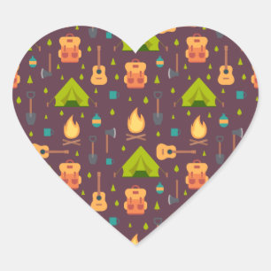 Rustic Camping Pattern Tents and Guitars Heart Sticker