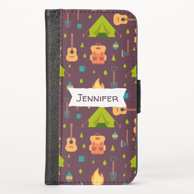 Rustic Camping Pattern Tents and Guitars iPhone Wallet Case (Front)