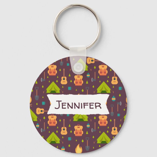 Rustic Camping Pattern Tents and Guitars Keychain (Front)