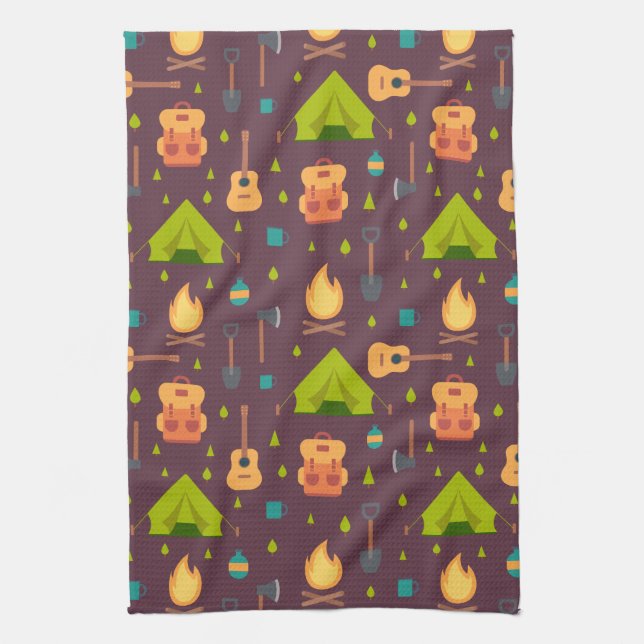 Rustic Camping Pattern Tents and Guitars Kitchen Towel (Vertical)
