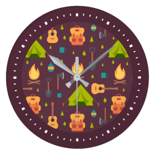 Rustic Camping Pattern Tents and Guitars Large Clock