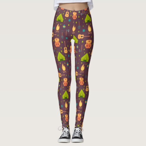 Rustic Camping Pattern Tents and Guitars Leggings