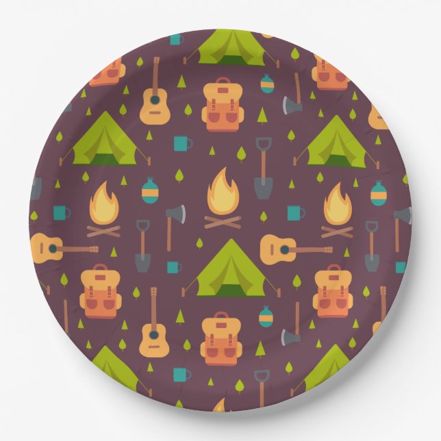Rustic Camping Pattern Tents and Guitars Paper Plates (Front)