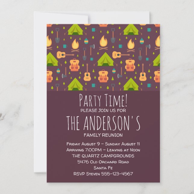 Rustic Camping Pattern Tents and Guitars Reunion Invitation (Front)