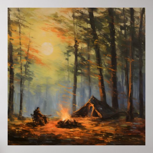 Rustic Camping Setting In an Impressionist Forest Poster