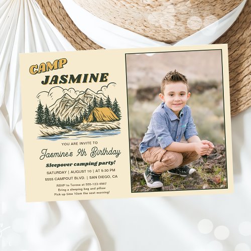 Rustic Camping Sleepover Birthday Party Photo Invitation