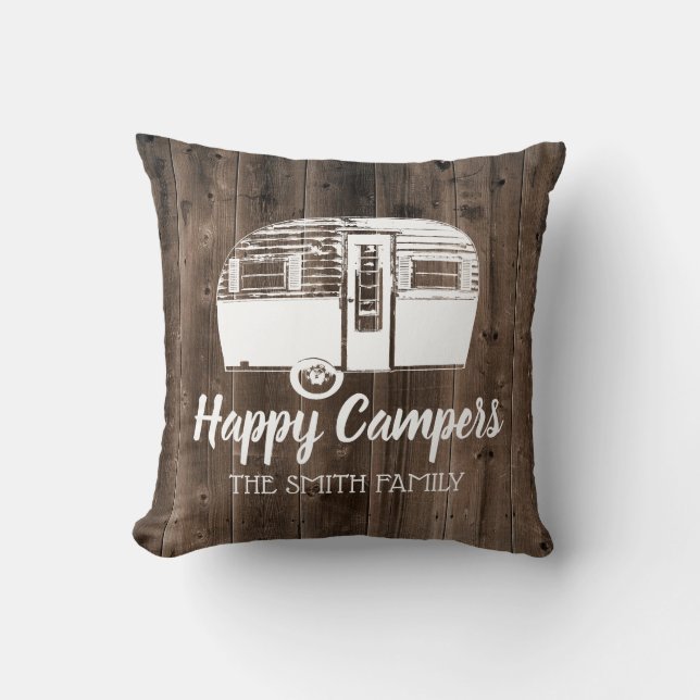 Rustic Camping Trailer Happy Campers Family Name Throw Pillow (Front)