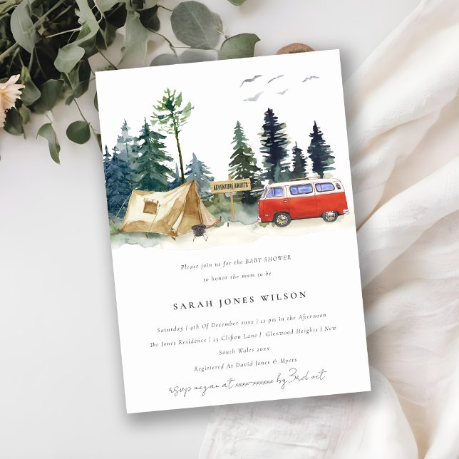 Rustic Camping Watercolor Pine Forest Baby Shower Invitation (Creator Uploaded)