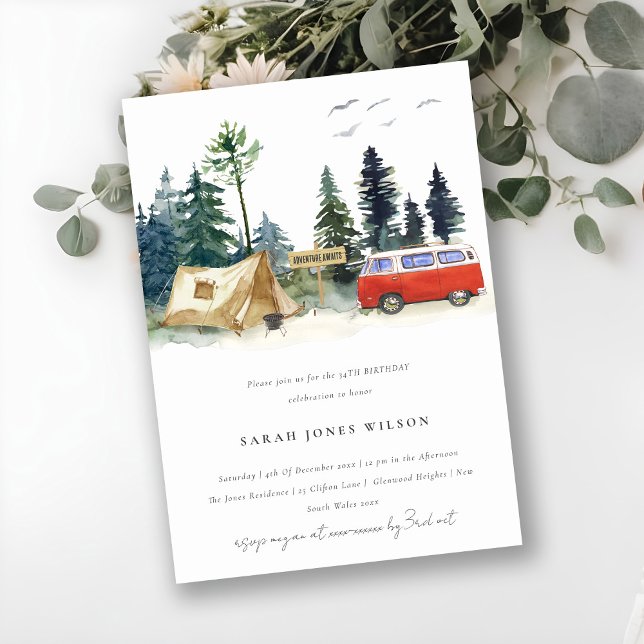Rustic Camping Watercolor Pine Forest Birthday Invitation (Creator Uploaded)