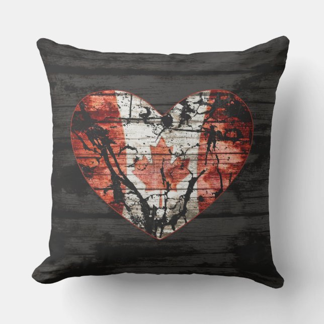 Rustic Canada Flag Heart Graphic Wood Print Outdoor Pillow (Front)