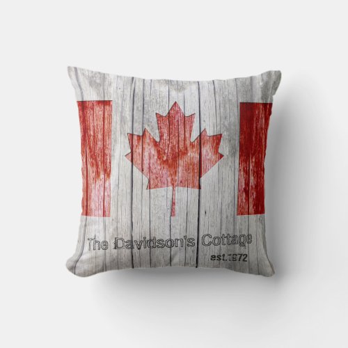 Rustic Canada Maple Leaf Flag Design on Grey Wood Throw Pillow