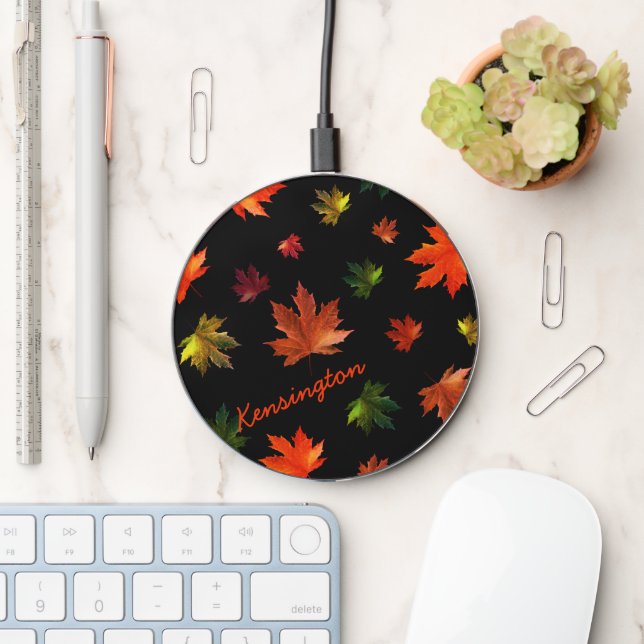Rustic Canadian Maple Leaf on Black Wireless Charger (Desk)