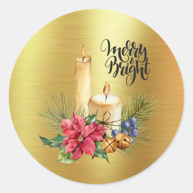 Rustic Candles And Poinsettias Merry And Bright Classic Round Sticker Zazzle