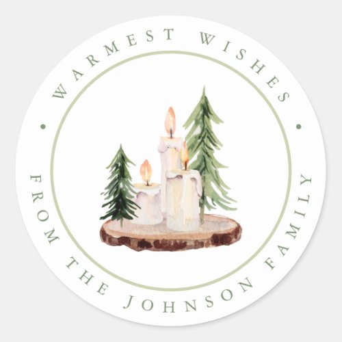 Rustic Candles on Wood Christmas Warmest Wishes Classic Round Sticker