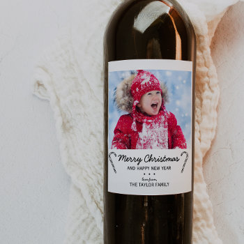 Rustic Candy Cane Christmas Photo Wine Label by ChristmasPaperCo at Zazzle
