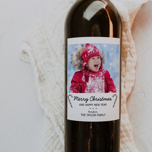 Rustic Candy Cane Christmas Photo Wine Label