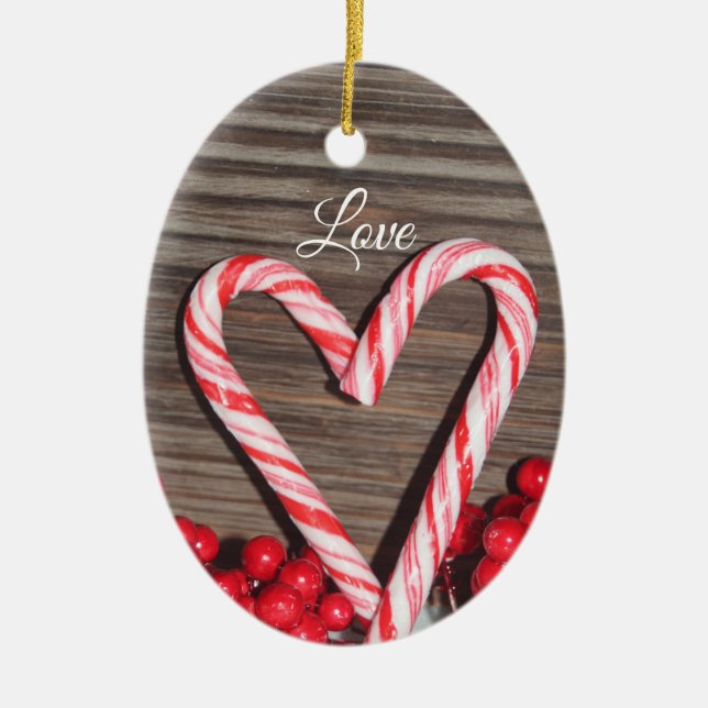 Rustic Candy Cane Heart Love Personalized Ceramic Ornament (Front)