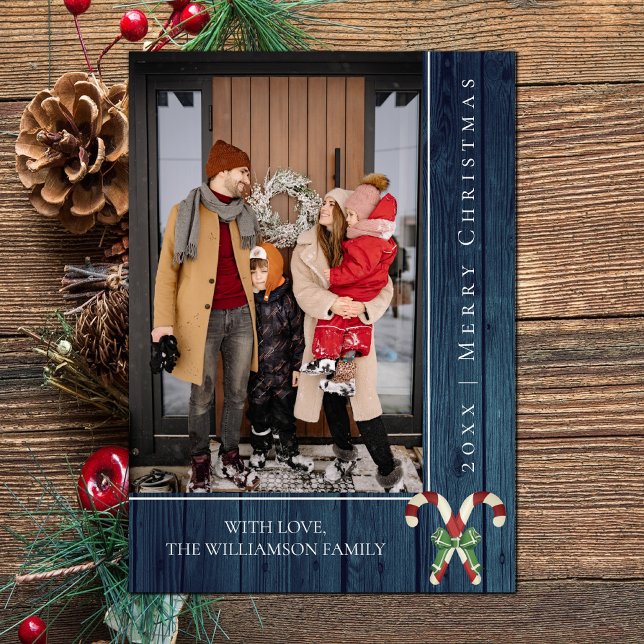 Rustic Candy Canes Christmas | Blue Photo Card (Blue Rustic Candy Canes Christmas Photo Card)