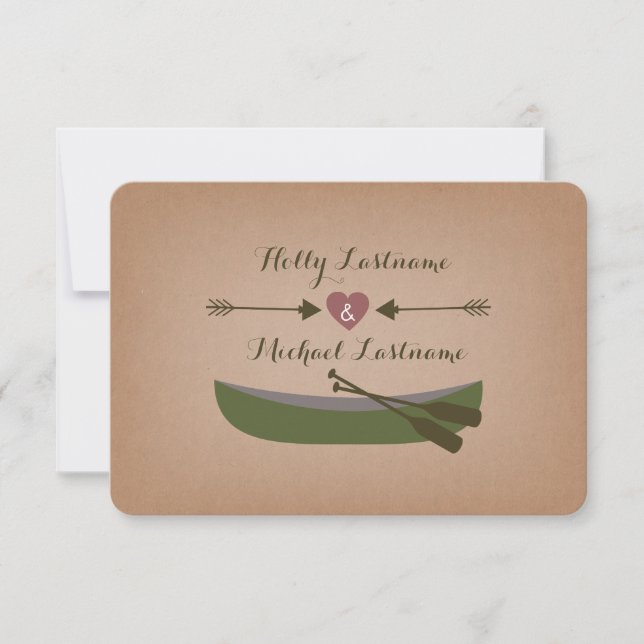 Rustic Canoe + Arrows With Heart Wedding R.S.V.P. RSVP Card (Front)