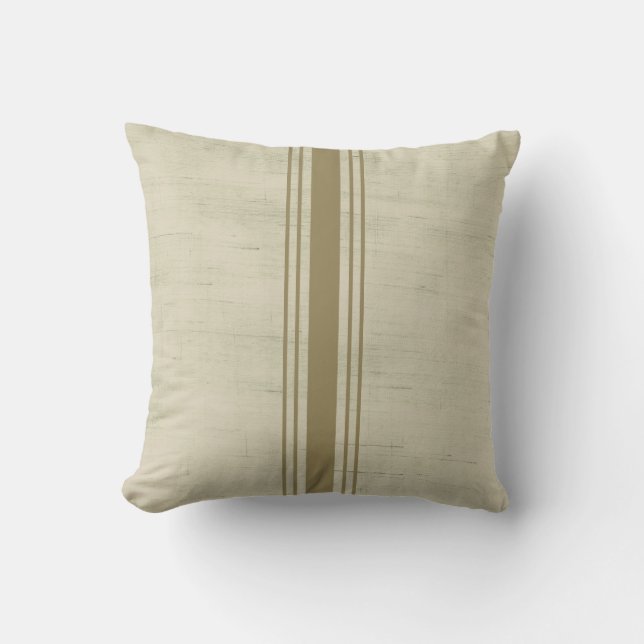 Rustic Canvas Burlap Beige Gold Stripe Throw Pillow (Front)