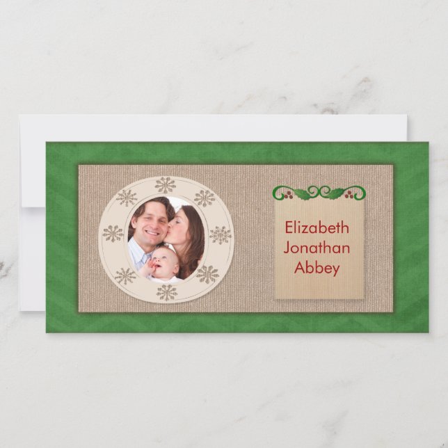 Rustic Canvas Green Chevron Christmas Photo Card (Front)