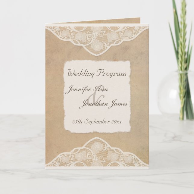 Rustic Canvas, Paper & Lace Look Wedding Program (Front)