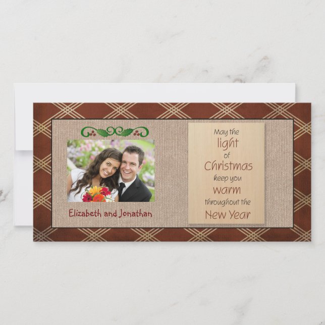Rustic Canvas Red Plaid Christmas Photo Card (Front)