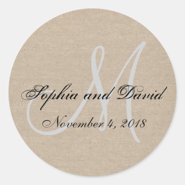 Rustic Canvas Wedding Favor Sticker Monogram (Front)