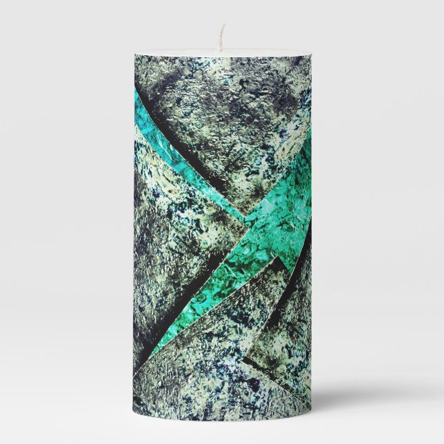 Rustic carbon-dirty disorganized layer on aquarine pillar candle (Front)