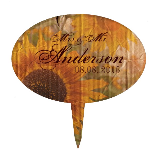 rustic cardboard country sunflower wedding cake topper (Front)