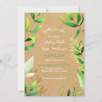 Rustic Cardboard Watercolor Greenery Wedding Invitation by BridalHeaven at Zazzle