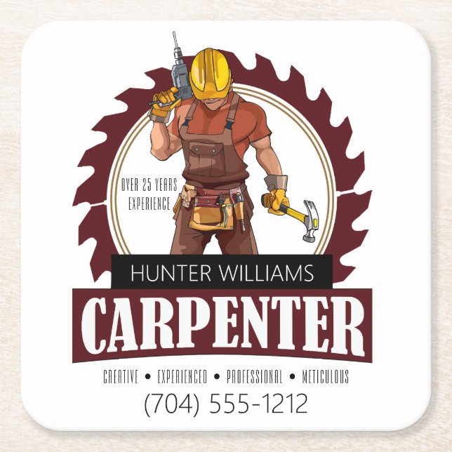 Rustic Carpenter Tools Woodworking Square Paper Coaster (Front)