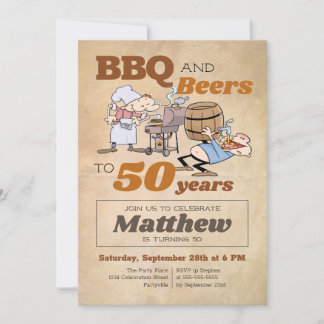 Rustic Cartoon BBQ And Beers 50th Birthday Invitation