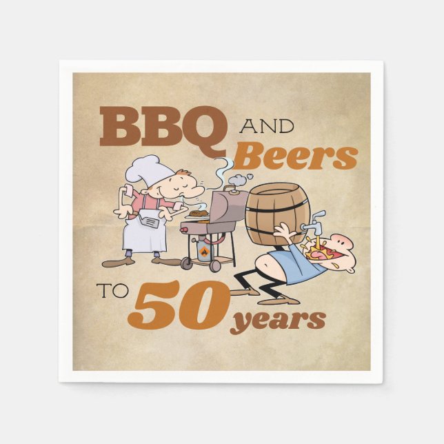 Rustic Cartoon BBQ And Beers 50th Birthday Napkins (Front)
