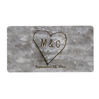 Rustic Carved Birch Heart Monogram Water Bottle Label