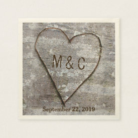 Rustic Carved Birch Heart Tree Wedding Initials Paper Napkin