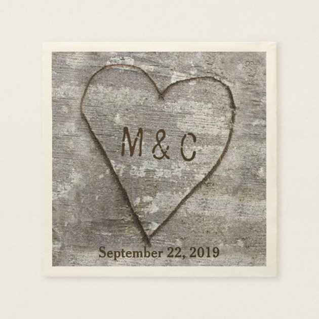 Rustic Carved Birch Heart Tree Wedding Initials Paper Napkin
