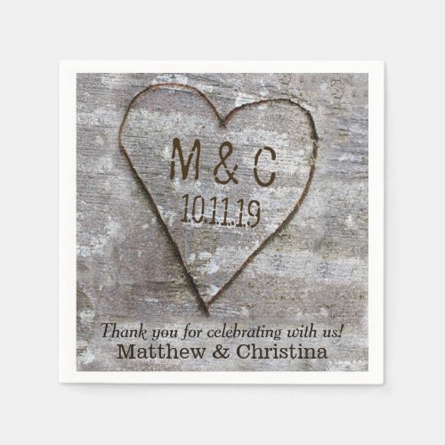 Rustic Carved Birch Heart Tree Wedding Initials Paper Napkins